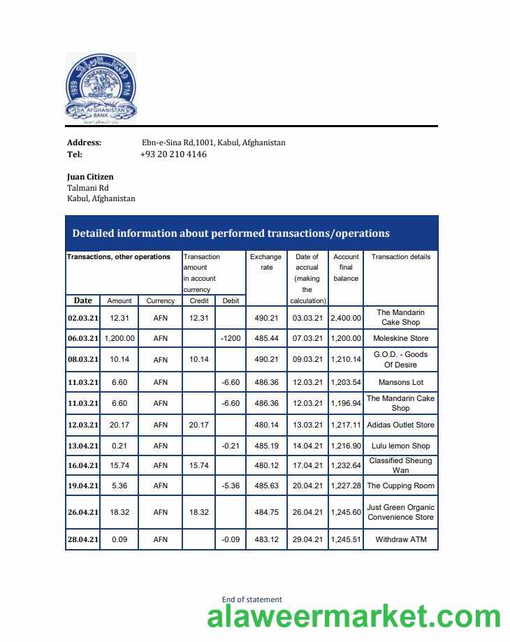 Afghanistan Da Afghanistan bank statement template in Excel an PDF format